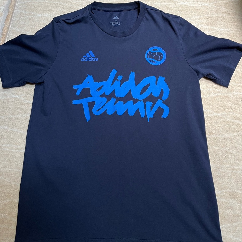 Adidas Mens Tennis T-shirt, Medium, Navy w/bright blue lettering.